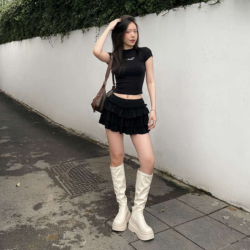 2024 Summer New Women's Solid Color Short Sleeve Crop Top T-Shirt High Waist Skirt 47d