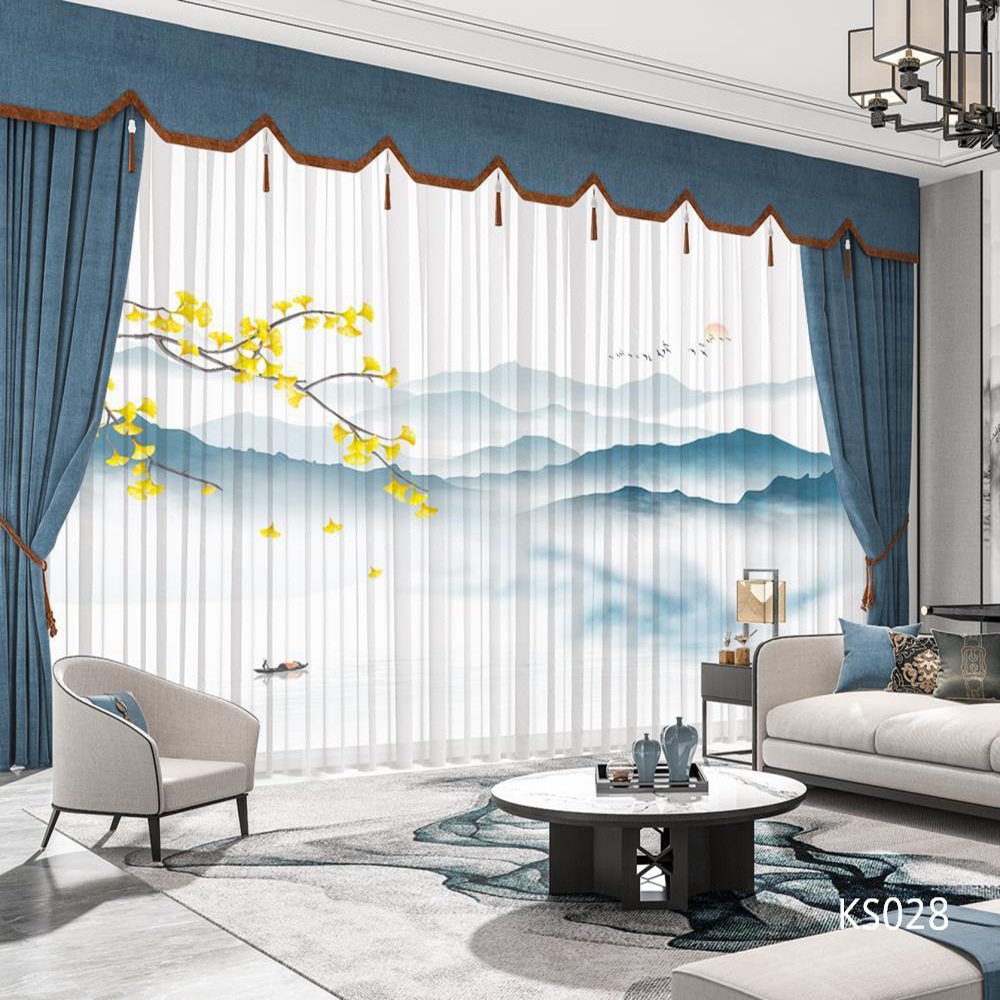 YL-36820 modern new Chinese style ink landscape painting scenery living room study high-end bedroom famous curtain Zen gauze curtain