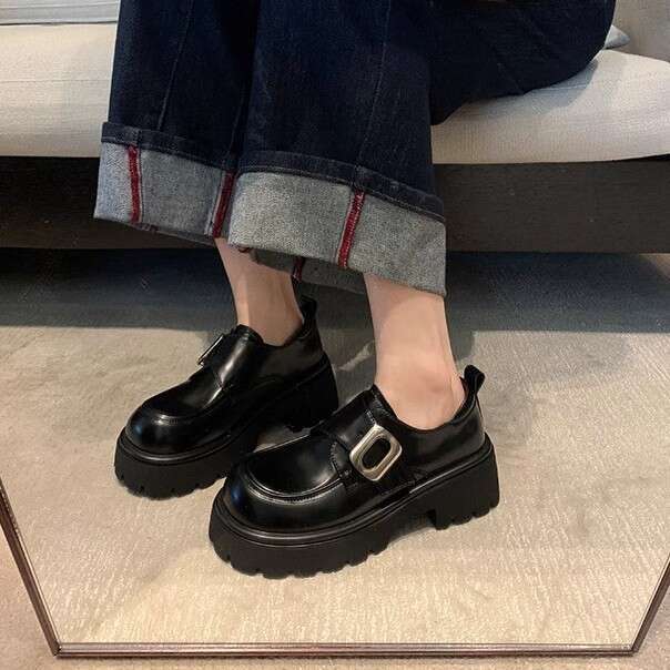 Designer Thick-Soled Uniform Leather for Women, College Style, Square Buckle, Slip-On Loafers, Winter Work Shoes