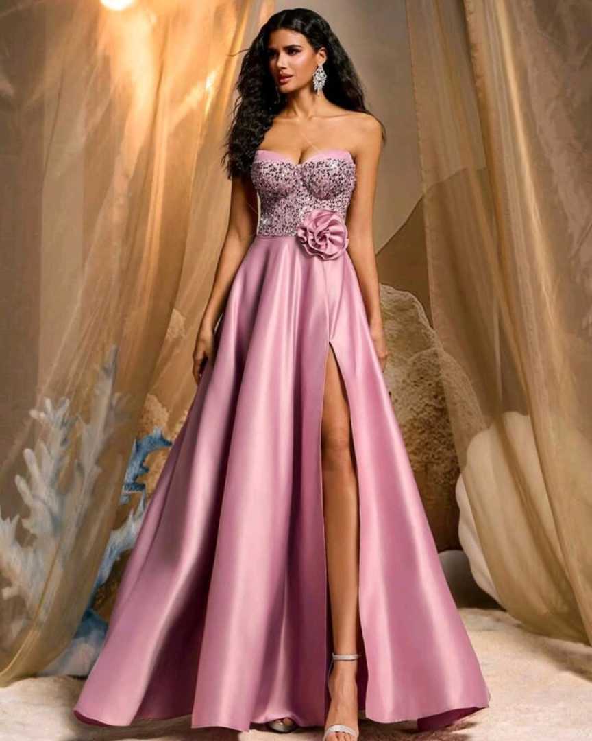Luxury Satin Evening Dress Strapless Sleeveless Delicate Flowers Crystal Prom Dresses Special Occasion Gowns Customized