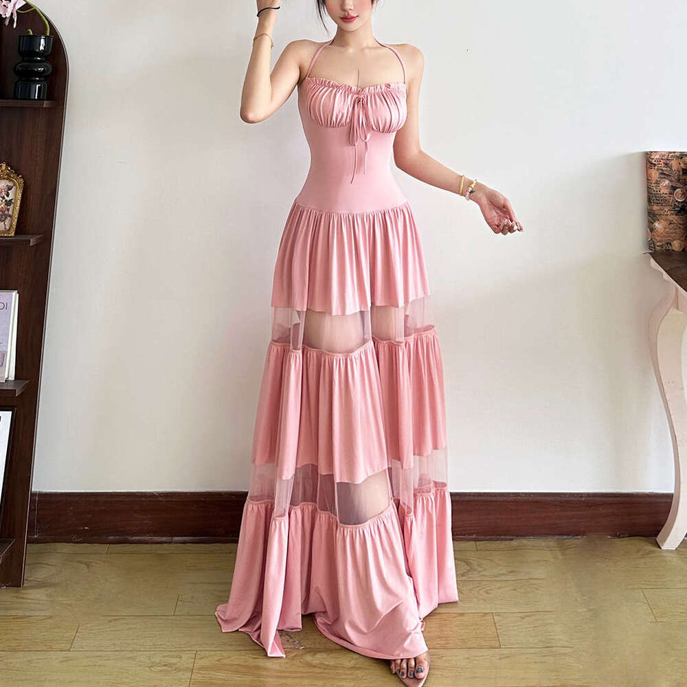 2025 Summer New Solid Color Halter Vacation Style Slim Fashion Pure Desire Casual Tie Dress aaa