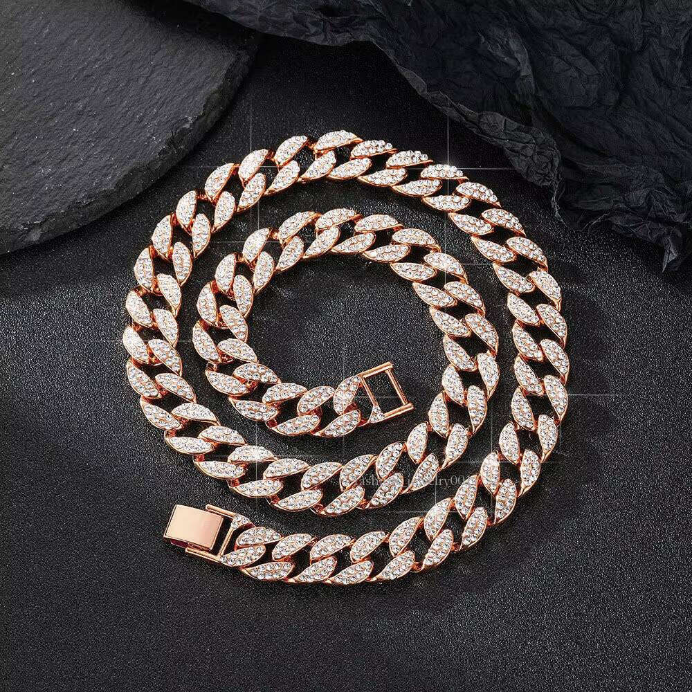 Hip-hop Style Link Gold-plated Men's Cuban Chain Rhinestone Inlaid Alloy Necklace for Men