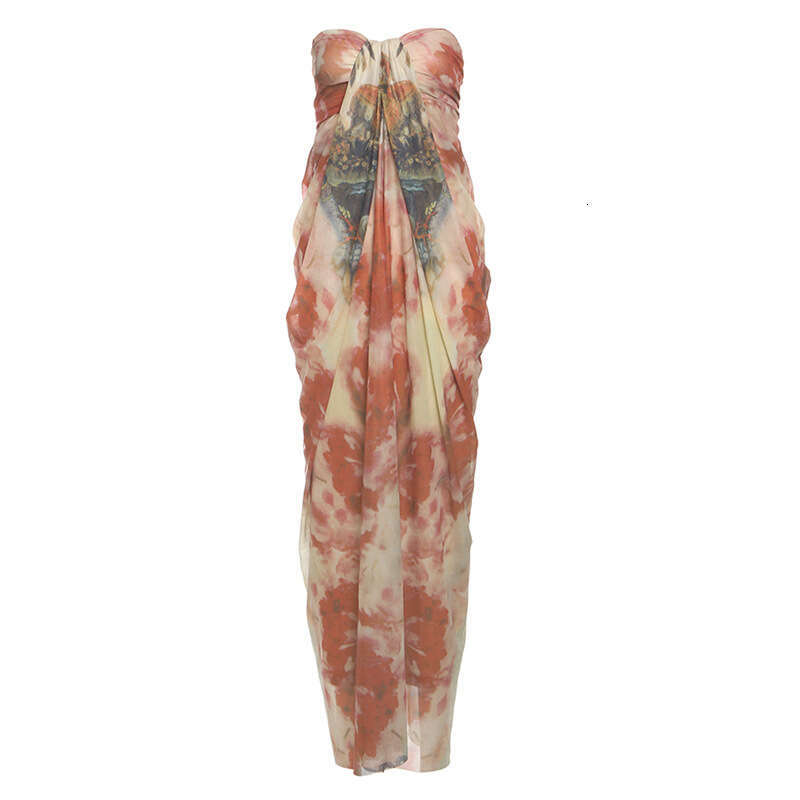 2025 Spring Summer New Slim Fit French Tie-Dye Elegant Off-Shoulder High-End Strapless Long Dress for Women 674