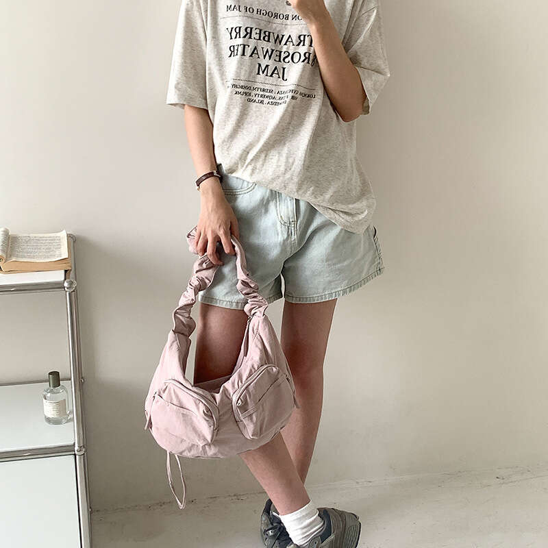 2025 Summer New Pleated Nylon Fabric Solid Color Single Shoulder Niche Lotus Leaf Drawstring Casual Versatile Crossbody Bag for Women