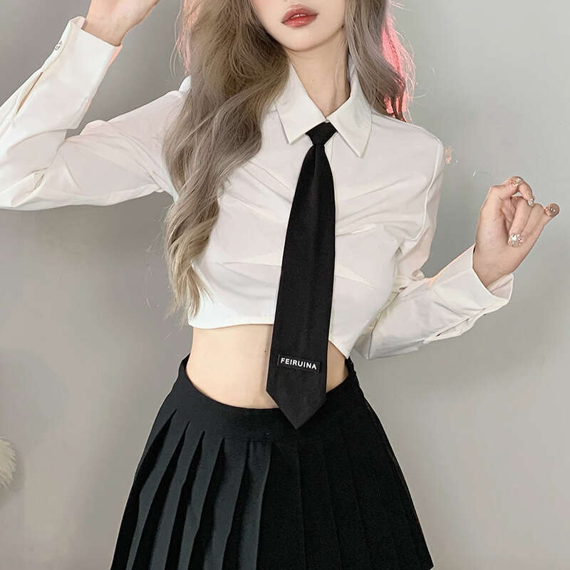 2022 Autumn New Women's Solid Color Slim Fit Turn-Down Collar Fashion Tie Crop Long Sleeve T-Shirt d21