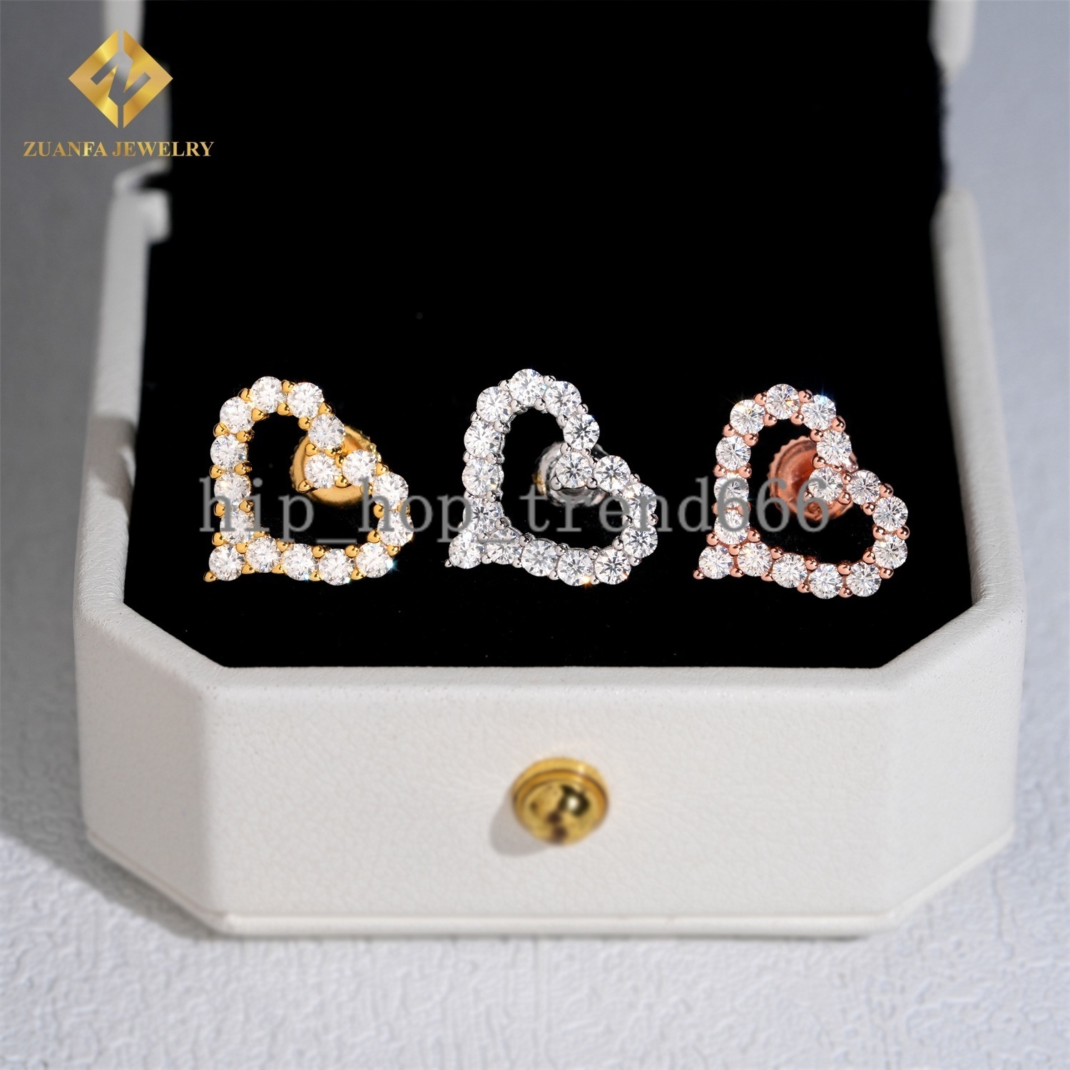 Luxury Unique Hollow Heart Women Moissanite Earrings Iced Out Fashion 18k Gold Plated 925 Silver Rose Gold Plated