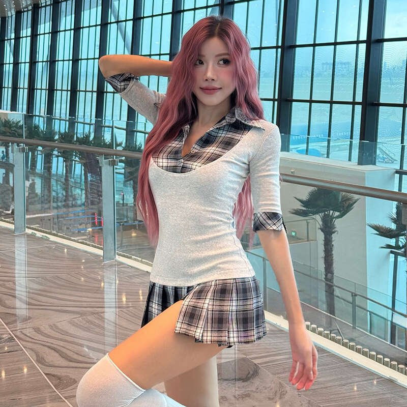 Summer INS Style Niche Design Trendy Fashion Plaid Patchwork Top Puff Half Skirt Women's Clothing 52f