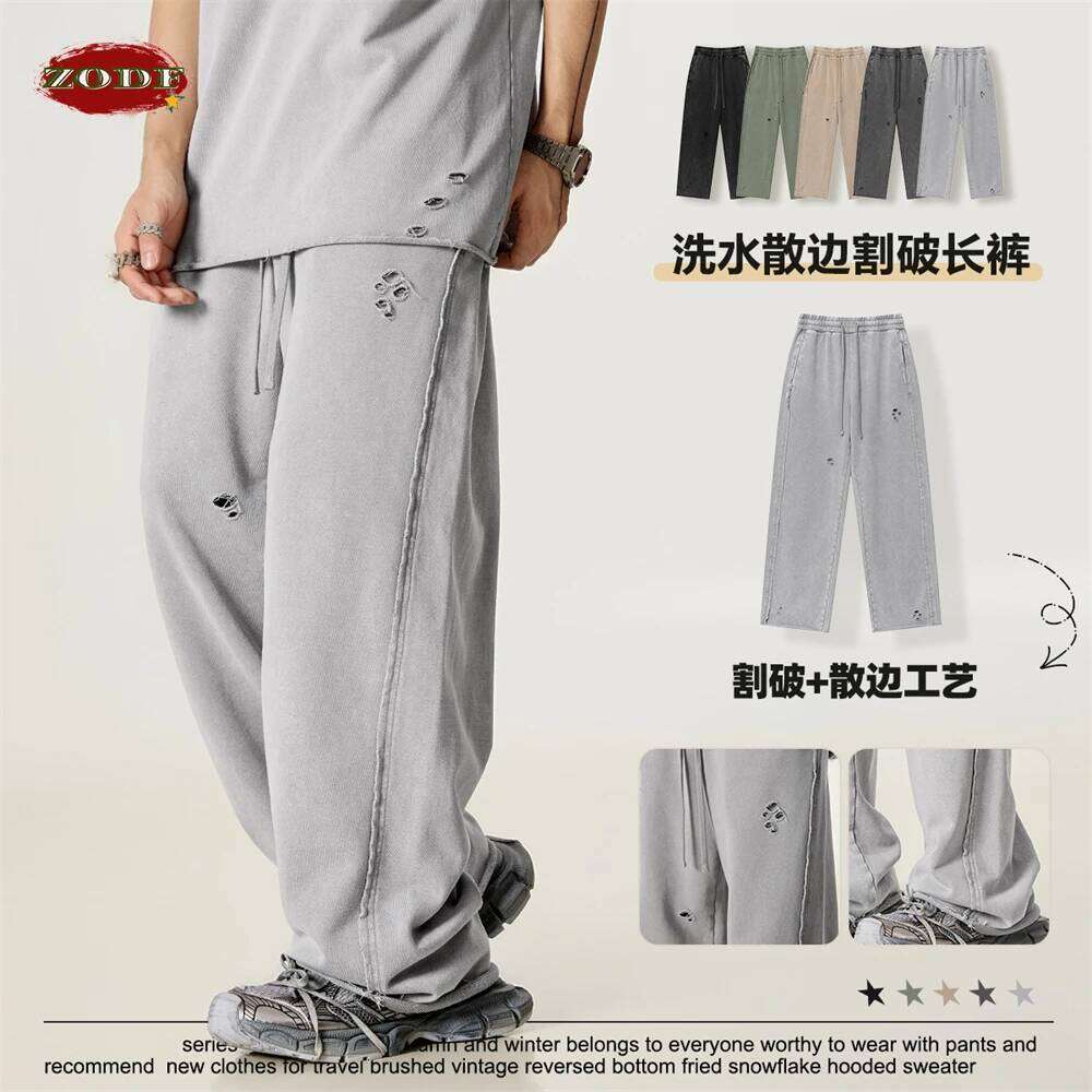 ZODF Vintage 2025 Spring Men Washed Cotton Pants Unisex High Street Cut Holes Oversized Straight Trousers Brand Clothes HY1022