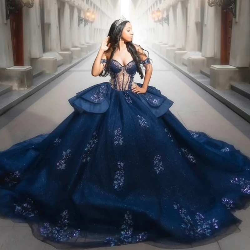 Navy Blue Shiny Quinceanera Dresses Off Shoulder Ball Gown Sweet 16 Dress Applique Lace Beads Tull Birthday Party Vestidos 15 Anos