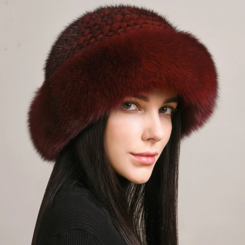 Genuine Natural Knitted Mink Fur Hat Cap Women Handmade Knit Fashion Winter Headwear Warm Fox Fur Beanies 250724