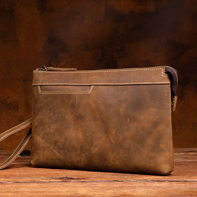 Crazy horse leather business clutch bag retro first layer cowhide mens casual handbag light coin purse. 250723