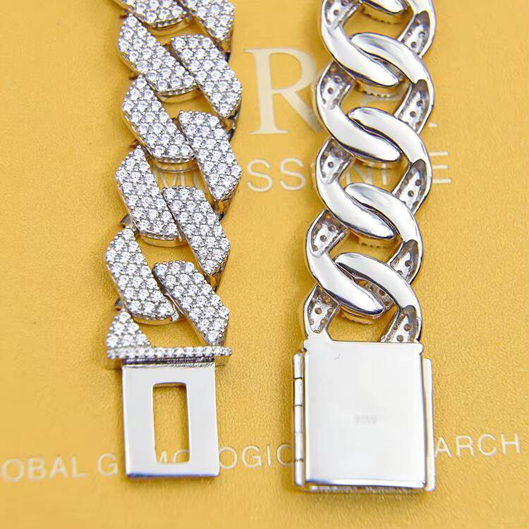 Lightweight and Suitable for Everyday 925 Silver 18mm 3Rows Cuban Chain CZ Diamond Necklace Cuban Link Chain