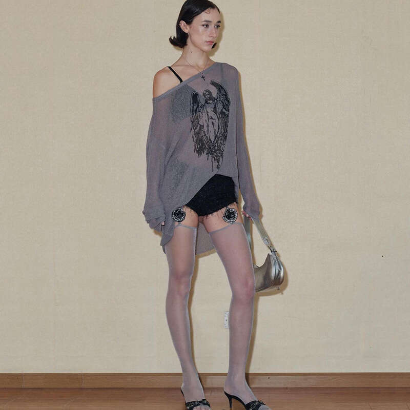 2024 Autumn New Women's Fashion Solid Color Loose Street Style Asymmetrical Neck Mid-Length Long Sleeve Top cf7
