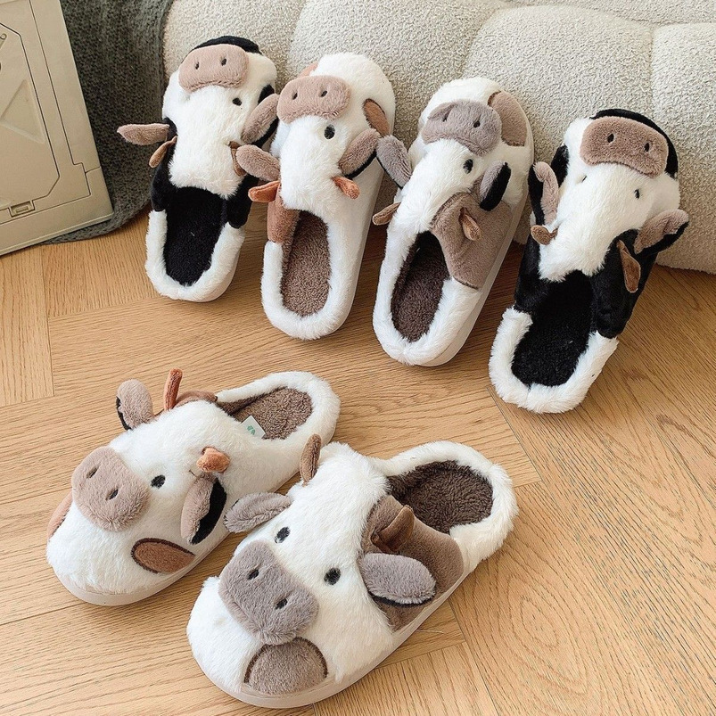 Cow Fur for Women, Autumn and Winter Indoor Cotton Slippers, Home Warm Thick Sole, Thickened Men's Slippers