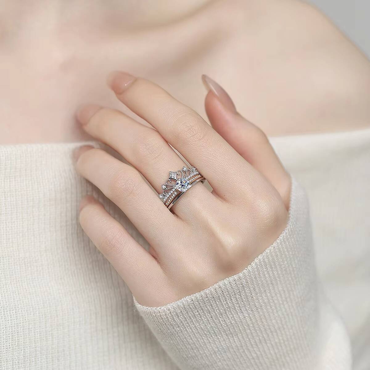 S925 Sterling Silver Fashionable Charm Moissanite Rose Color Separated Lace Hollow Double-layer Ring