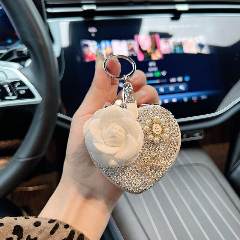 New Camellia Heart with Rhinestones Portable Folding Mirror Car Keychain Beaded Bag Pendant