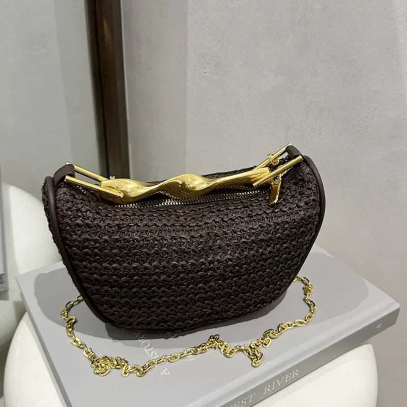 2025 Str Woven Bag Chain Gold Handle Str Cluh Purse Large Capacity Stylish Crossbody Bag Solid Color for Summer Beach Y250725