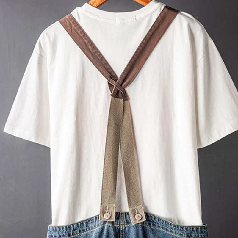 Mens Vintage Contrast Color Denim Bib Overalls Casual Patchwork Patch n Jeans Big Pocket Jumpsuits Pants 250725