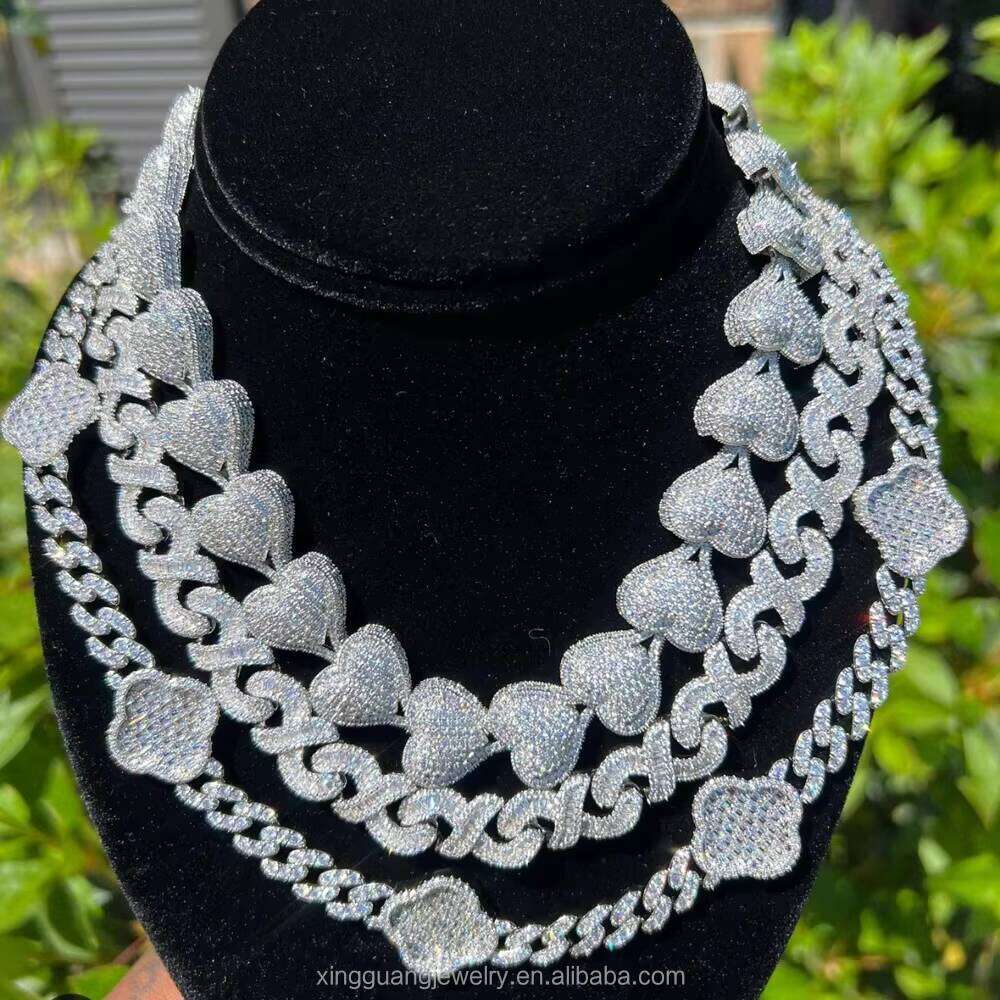 Customized Real Gold Plated Bubble Heart Cuban Link Sier Iced Out Moissanite Charms Fashion Chain Necklace