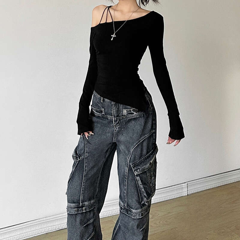 2024 Autumn New Women's Fashion Solid Color Slim Street Style Asymmetrical Neck Strap Long Sleeve Top 34a