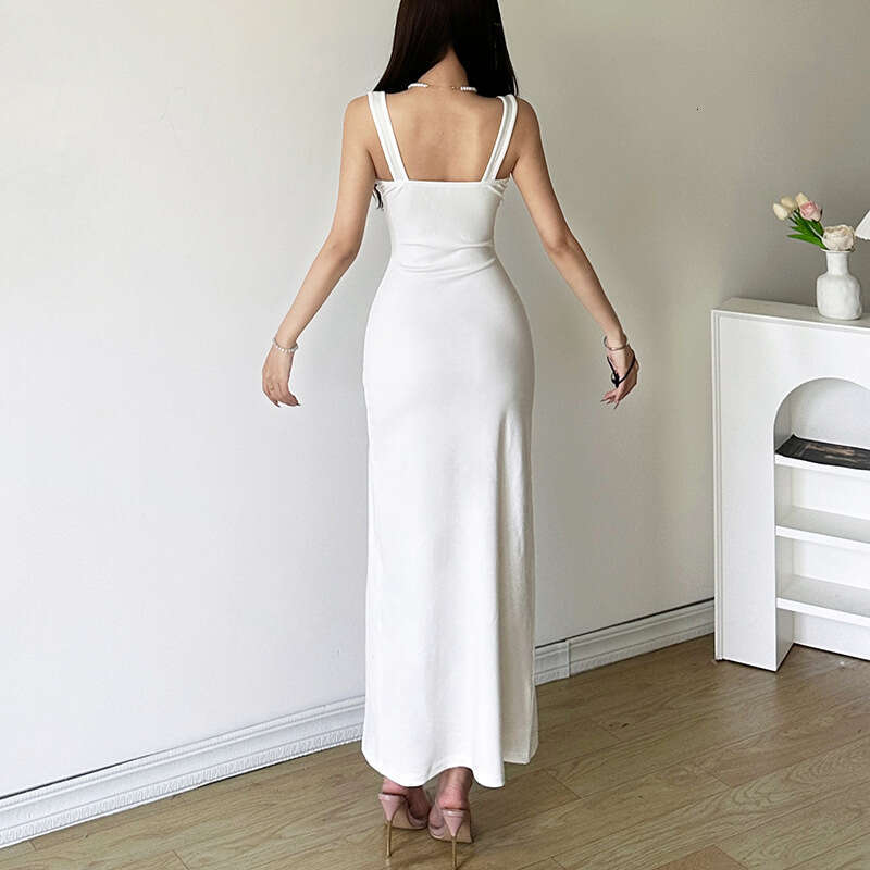 2024 Summer New Women's Solid Color Slim High Waist Fashion Strap Sleeveless Split Dress 31d