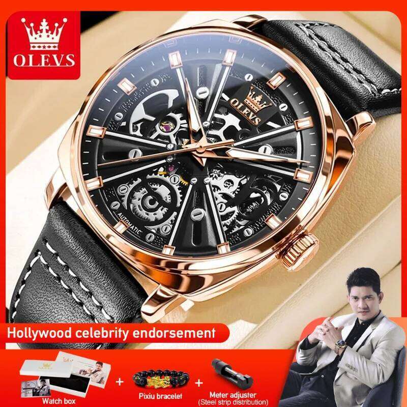 OLEVS 6685 Watch Original Fashion Hollow Out Style Ruby Automatic Menchanical Wristwatch Waterproof Luminous Mens Gifts