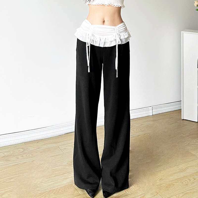 2024 Summer New Women's Street Fashion High Waist Patchwork Tie Casual Straight Pants 773