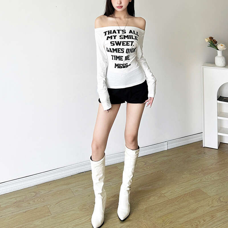 2024 Autumn New Women's Fashion Solid Color Slim Street Style Off-Shoulder Printed Long Sleeve Top 9a0
