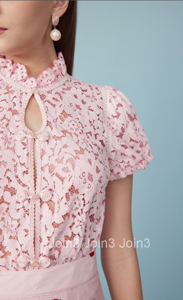 Summer New Versatile New Chinese Style Button Top Women Stand Collar Pink Lace Blouse 2390