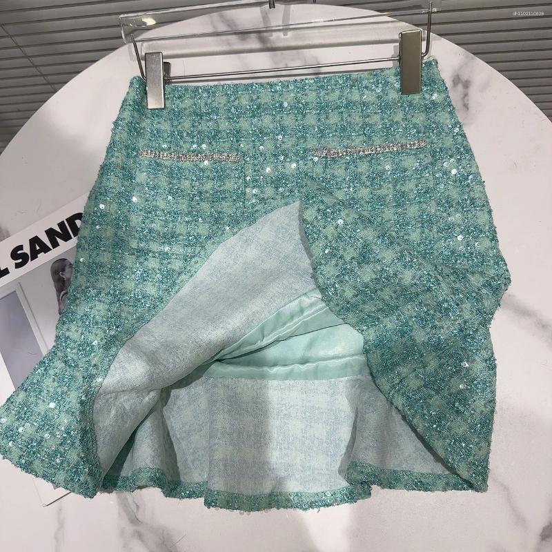 Dress Shiny Green Glitter Checkered Linen Jacket Diamond 3D Feather Fur Sleeve Coarse Suit Coat A-line Ruffle Edge Skirt