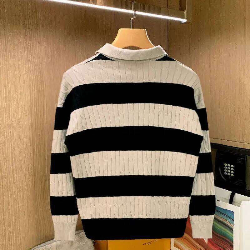 Autumn Winter Men Knitted Polo Striped Turn-Down Collar Shirts Twisted Weaven Patchworked Tops Outwear