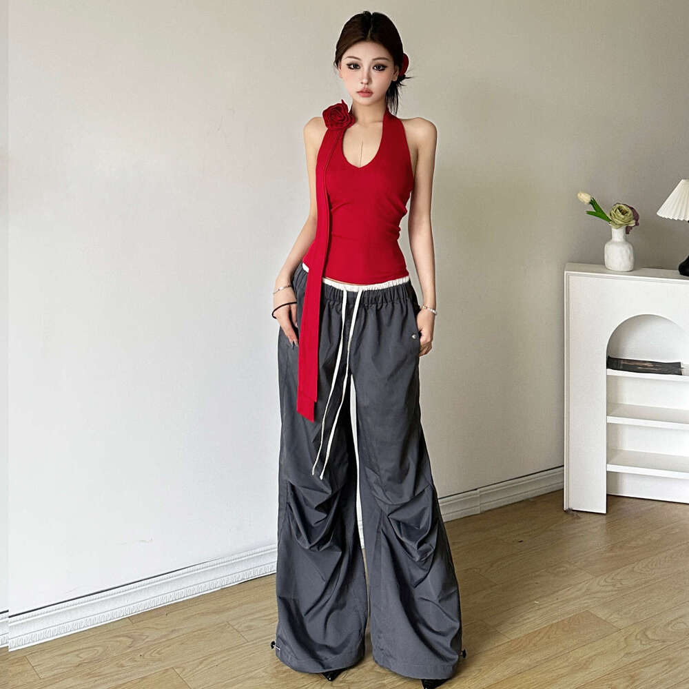 2024 Summer New Women's Solid Color Halter Neck Tank Top High Waist Loose Long Pants Set 569