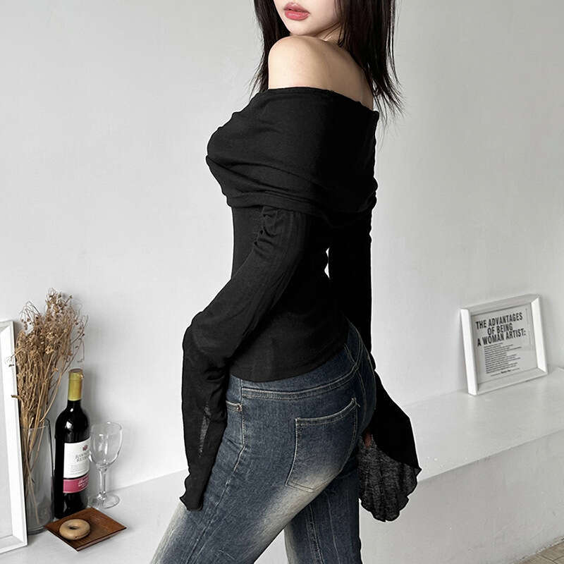 2025 Spring New Women's Solid Color Slim Fit Fashion Off-Shoulder Sexy Backless Long Sleeve T-Shirt 2ca
