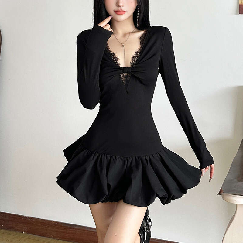 2024 Autumn New Women's Solid Color Sexy Long Sleeve V-Neck Lace Trim Dress 68a