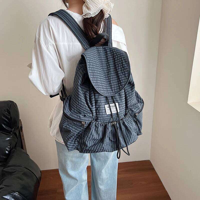 Plaid Nylon Canvas Women's 2025 New Trendy Fashion Korean Style Backpack Casual Large Capacity Computer Bag