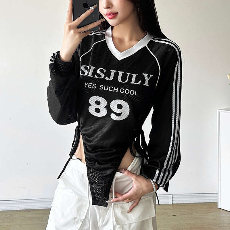 2024 Autumn New Women's Fashion Solid Color Slim Street Style V-Neck Long Sleeve Printed Top a5f
