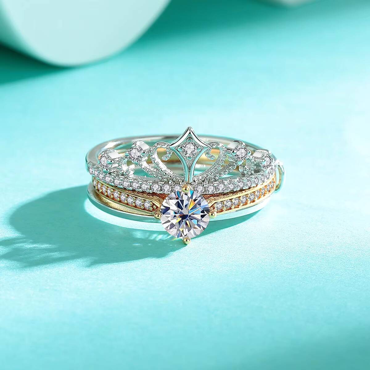S925 Sterling Silver Fashionable Charm Moissanite Rose Color Separated Lace Hollow Double-layer Ring