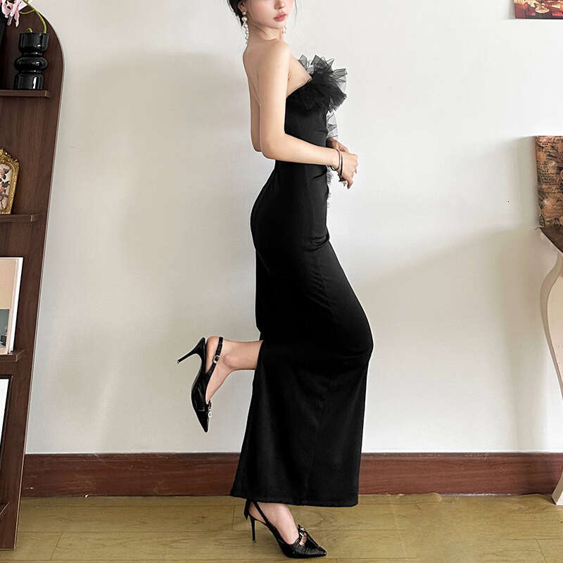 2024 Autumn Winter New Women's Solid Color Slim High Waist Fashion Off-Shoulder Tube Dress 821