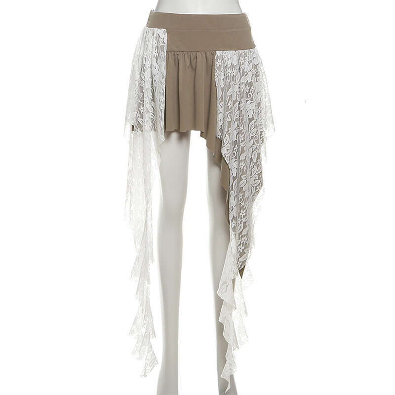 205 Summer New Irregular High Waist Patchwork Lace Ribbon Slim Fit Elegant Versatile Skirt 1c3