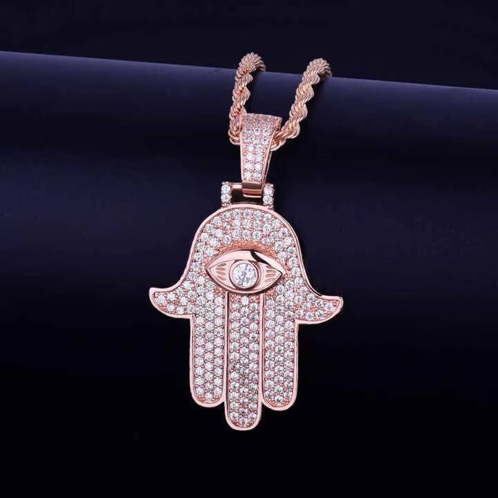 Exclusive Iced Out Fatima Hamsa Hand Pendant with VVS CZ and Moissanite Luxury Hip Hop Necklace for Unisex Fashion