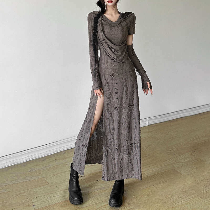 2024 Autumn New Women's Solid Color Slim High Waist Fashion Hooded Long Sleeve Split Dress a22