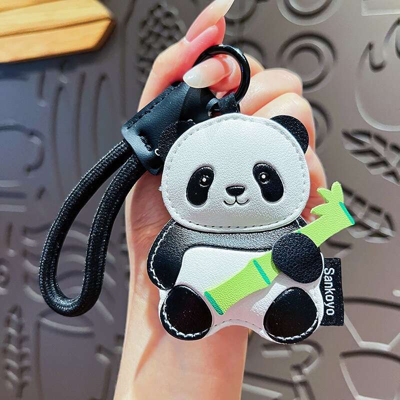 Genuine Panda Keychain Cute Cartoon Flower Holding Bamboo Leather Couple Bag Pendant Small Gift