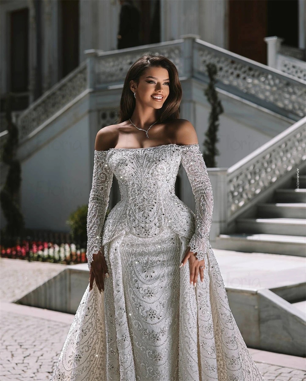 Elegant Wedding Dresses Off Shoulder Beading Bridal Gowns with Overskirt Sequins Rhinestone Mermaid Backless Customized Vestidos De Novia Plus Size