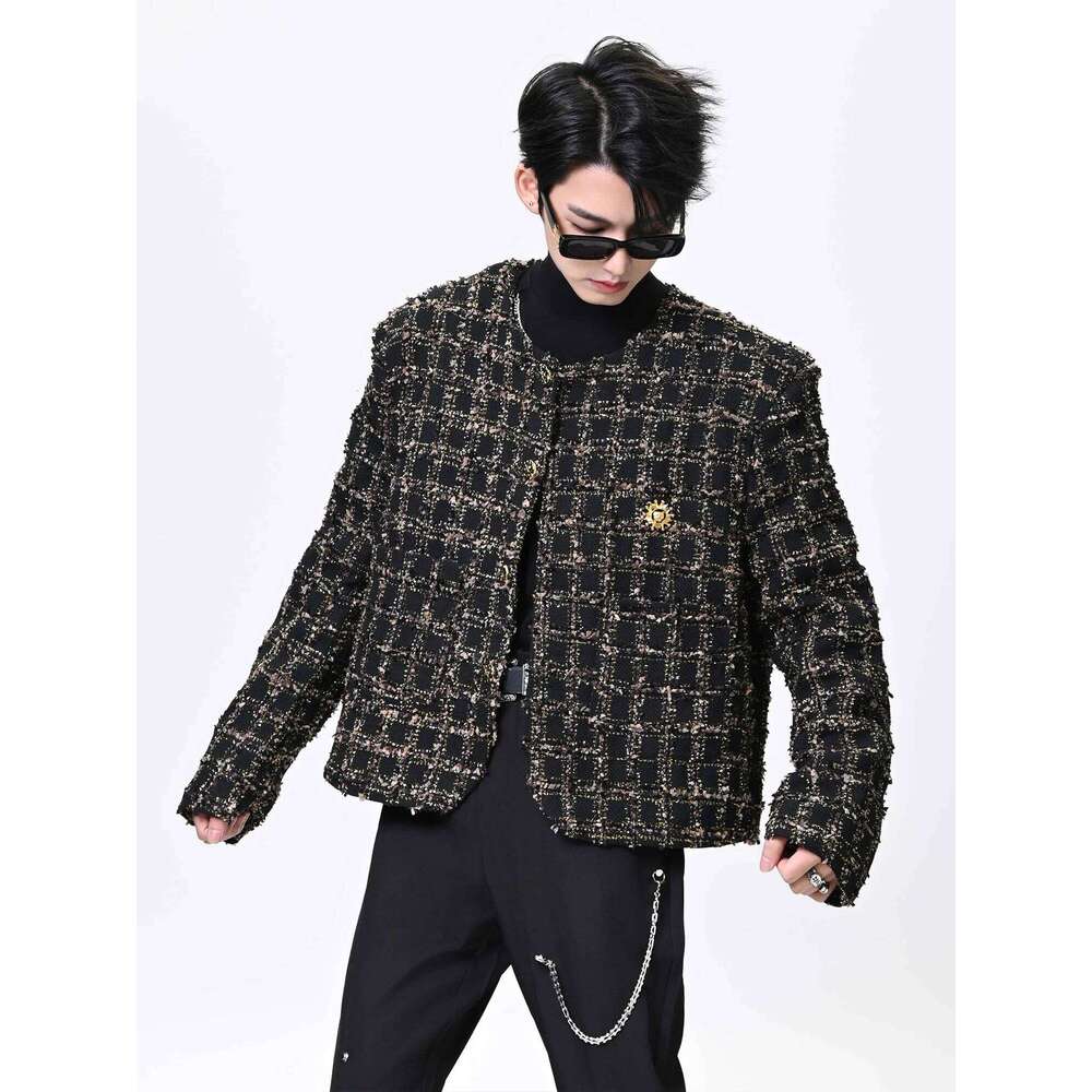 Male Small Fragrant Coats 2025 New Trendy Masculinity Tweed Plaid Long Sleeve Round Neck Tops Men's Chic Short Jackets
