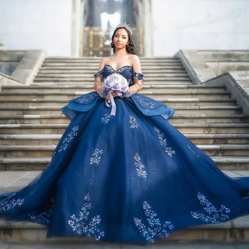 Navy Blue Shiny Quinceanera Dresses Off Shoulder Ball Gown Sweet 16 Dress Applique Lace Beads Tull Birthday Party Vestidos 15 Anos