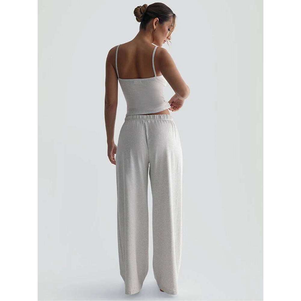 Designer Leisure High Quality kliou Casual Daily Women 2 Piece Set Basic Active Solid U-neck Backless Camisoles Top+Loose Elastic Waist Pants Mujer Tr