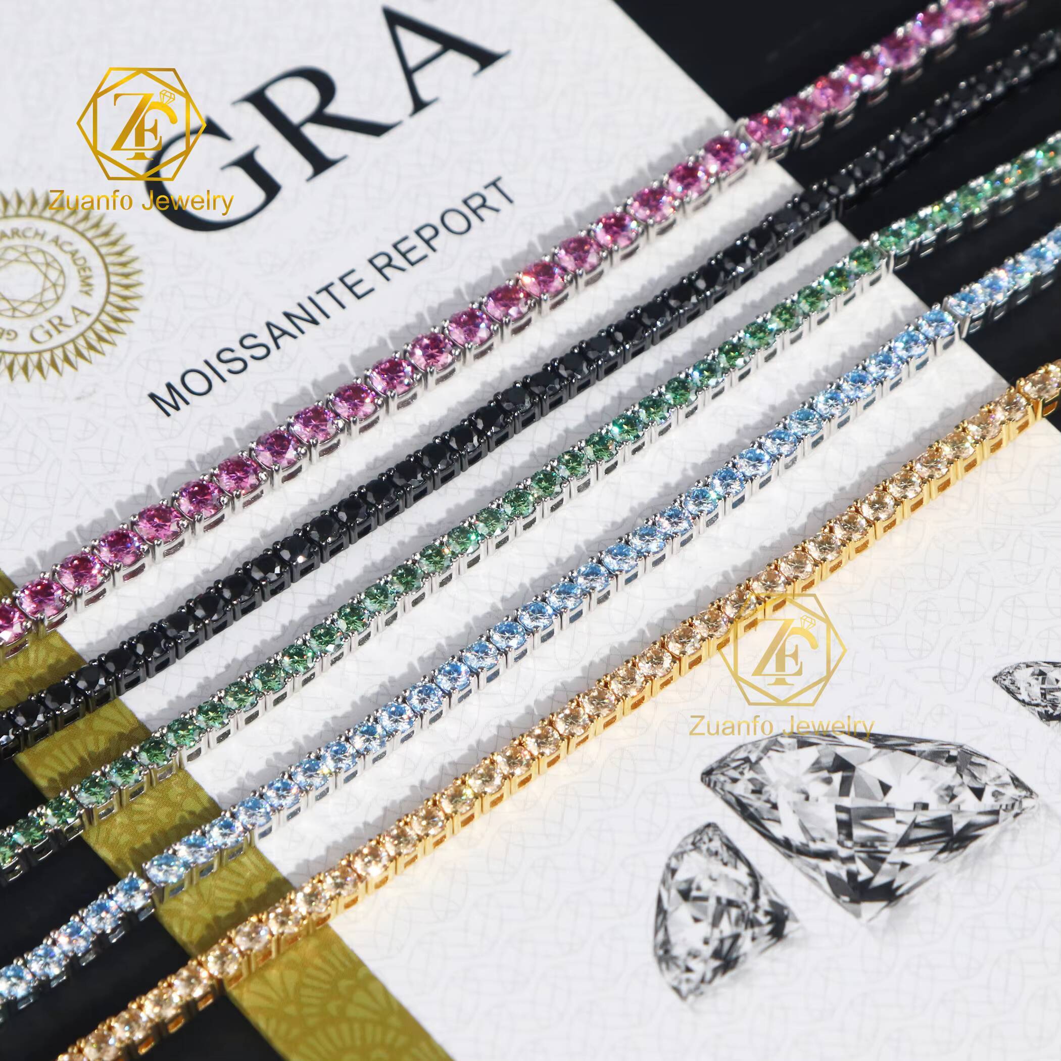 Hot Sale Hip Hop 925 Sterling Silver Yellow Blue Green Black Pink White Color Sparkling Moissanite Tennis Chain Bracelet