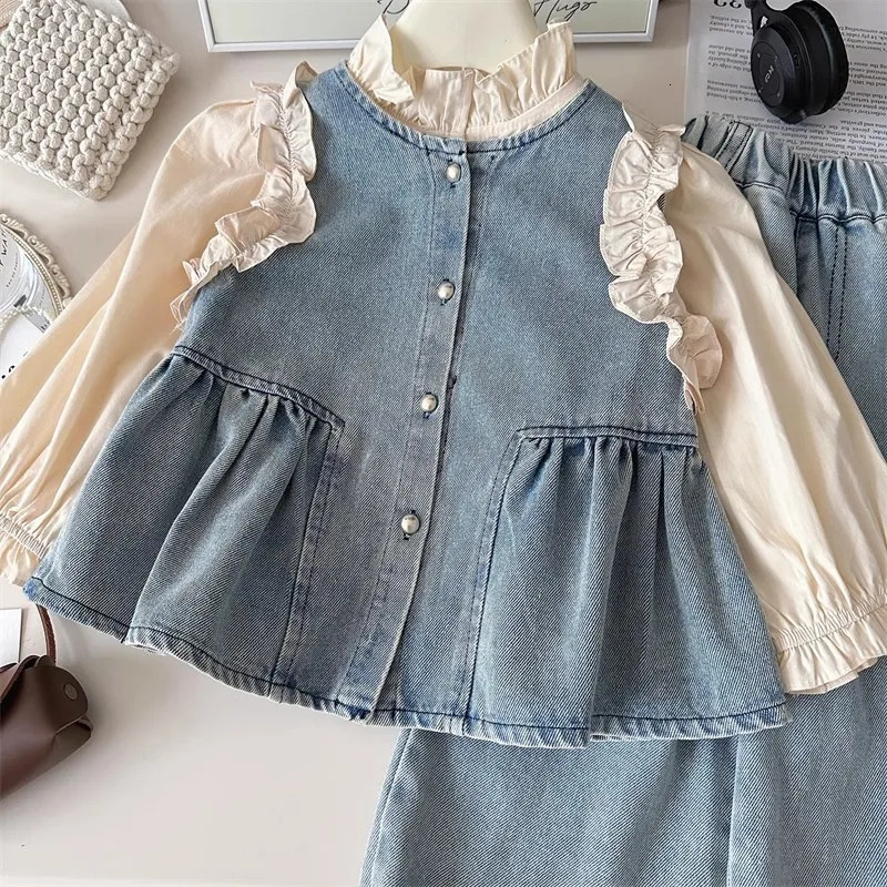 Undershirt Vest Pants Set Spring and Autumn Shirts Fashionable Cowboy Vest Wide Leg Pants 3-Piece Set Trendy 250724
