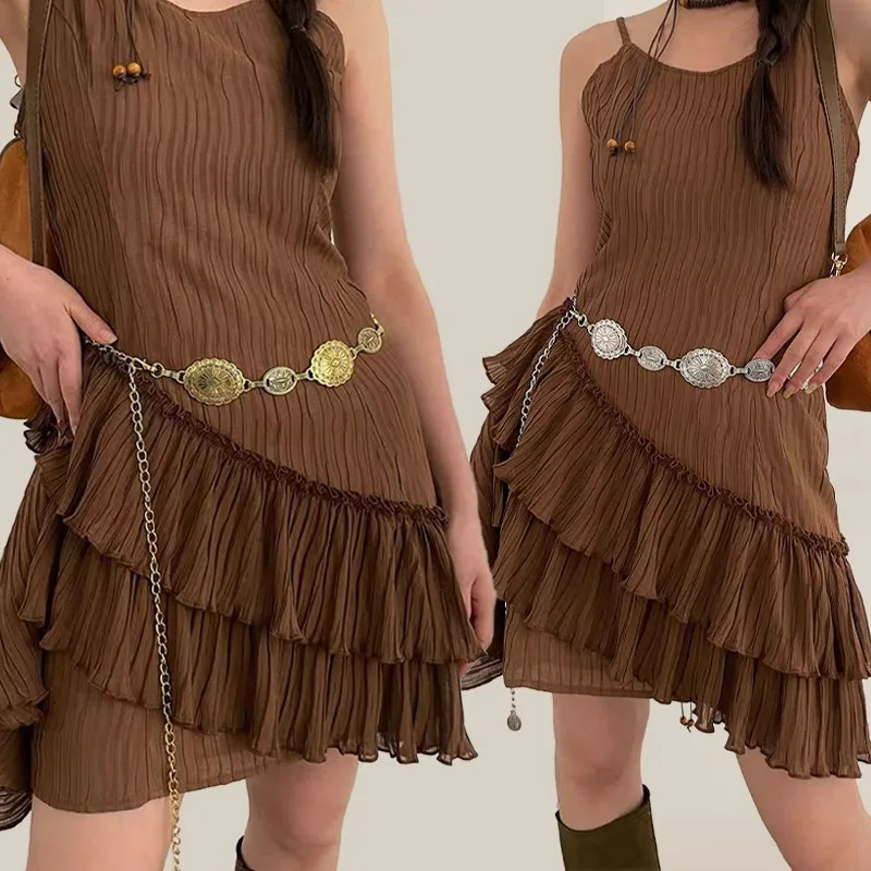 Vintage Metal Bohemia Waist Chain Silver Gold Hollowed-out Carved Women Crop Tops Decoration Waist Belt Dress Jewelry Accessory 250722