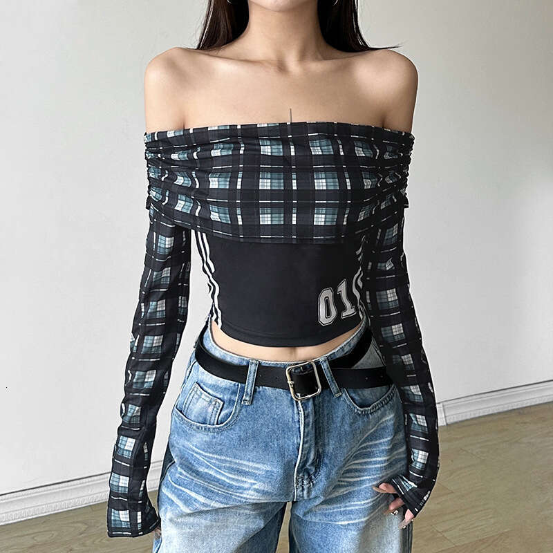 2024 Autumn New Women's Solid Color Slim Street Fashion Off-Shoulder Plaid Long Sleeve Top 546